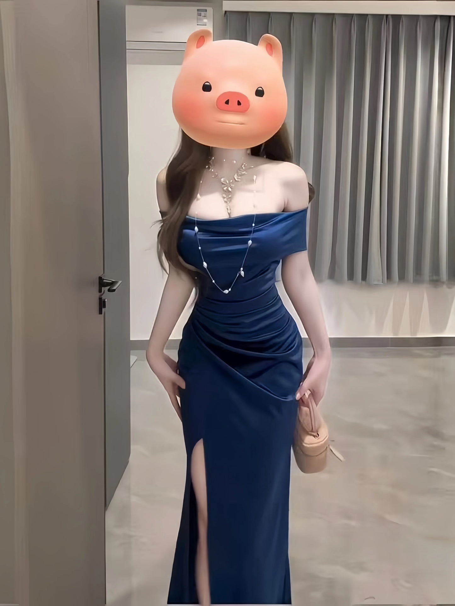 Sophisticated Mermaid Off The Shoulder Navy Blue Satin Split With Ruffled Long Cruise Ship Formal Night Evening Dresses 18th Birthday Outfits RB5624