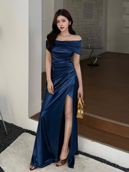 Dreamy Mermaid Off The Shoulder Navy Blue Satin Split With Ruffled Long Cruise Ship Formal Night Evening Dresses 18th Birthday Outfits RB5627