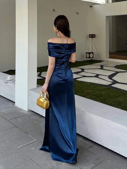 Dreamy Mermaid Off The Shoulder Navy Blue Satin Split With Ruffled Long Cruise Ship Formal Night Evening Dresses 18th Birthday Outfits RB5627