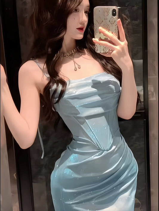 Sexy Mermaid Spaghetti Strap Light Sky Blue Sequin Cruise Ship Formal Night Evening Dresses 18th Birthday Outfit RB5628