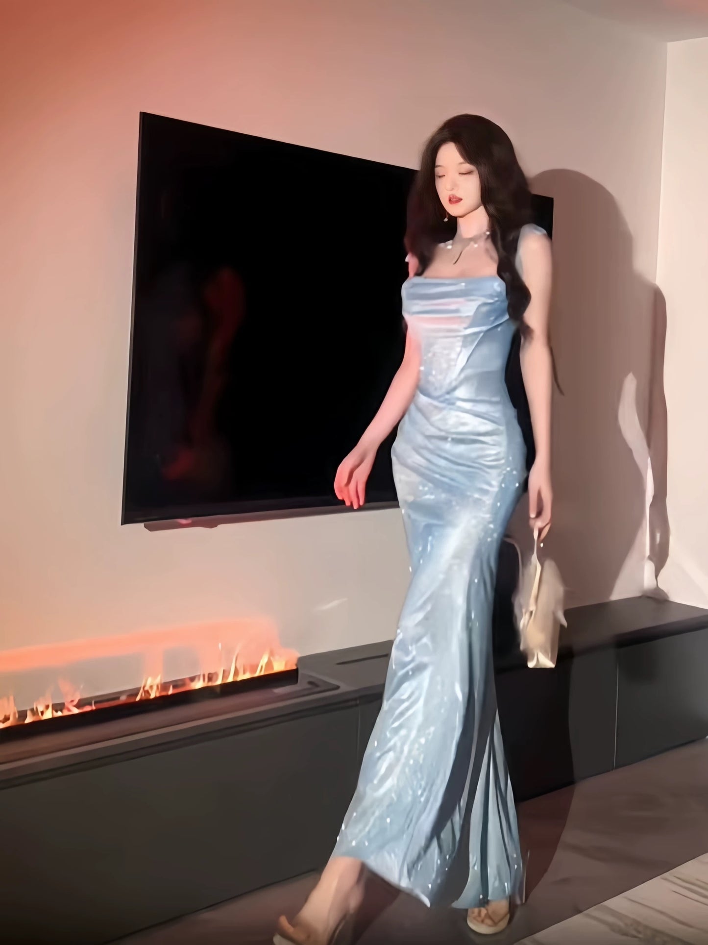 Sexy Mermaid Spaghetti Strap Light Sky Blue Sequin Cruise Ship Formal Night Evening Dresses 18th Birthday Outfit RB5628