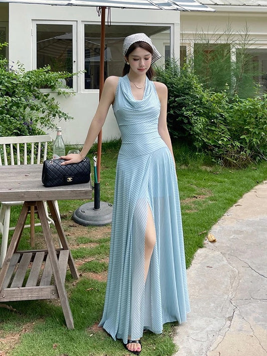 Sexy A line Halter Chiffon Light Sky Blue Cruise Ship Formal Night Evening Dresses 18th Birthday Outfit RB5629