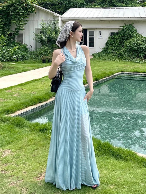 Sexy A line Halter Chiffon Light Sky Blue Cruise Ship Formal Night Evening Dresses 18th Birthday Outfit RB5629
