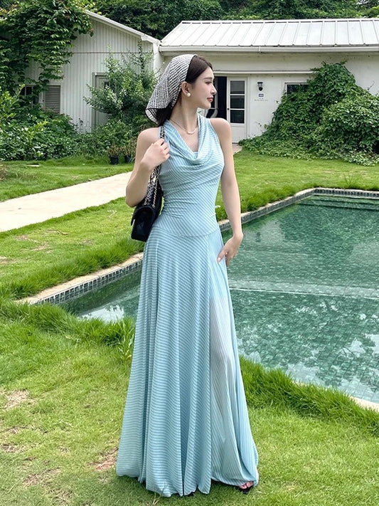 Sexy A line Halter Chiffon Light Sky Blue Cruise Ship Formal Night Evening Dresses 18th Birthday Outfit RB5629