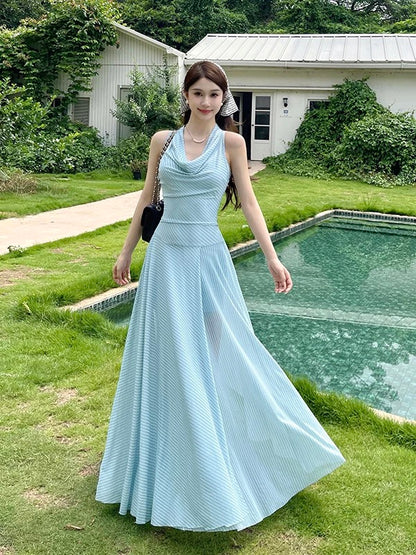 Sexy A line Halter Chiffon Light Sky Blue Cruise Ship Formal Night Evening Dresses 18th Birthday Outfit RB5629