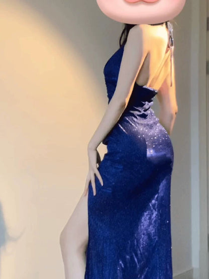 Dreamy Mermaid V Neck Halter With Ruffled Long Slit Cruise Ship Formal Night Evening Dresses 18th Birthday Outfits RB5631