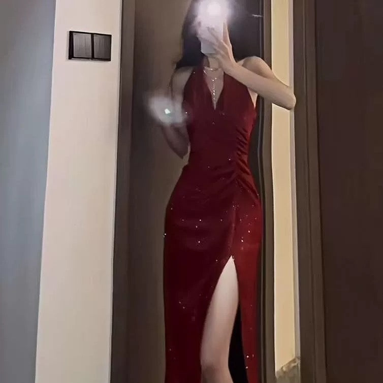 Dreamy Mermaid V Neck Halter With Ruffled Long Slit Cruise Ship Formal Night Evening Dresses 18th Birthday Outfits RB5631