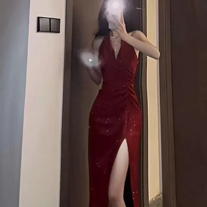 Dreamy Mermaid V Neck Halter With Ruffled Long Slit Cruise Ship Formal Night Evening Dresses 18th Birthday Outfits RB5631