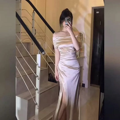Mystical Mermaid Off The Shoulder Pink Satin Date Night Evening Outfit Formal Prom Dresses RB5650