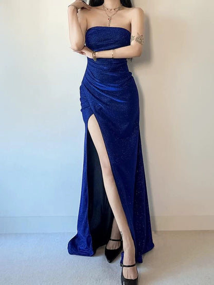 Sexy Meerjungfrau trägerlos königsblau mit Pailletten und Schlitz Date Night Abend-Outfit formelles Abschlussballkleid RB5422