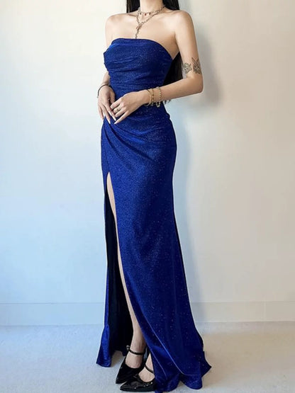 Sexy Meerjungfrau trägerlos königsblau mit Pailletten und Schlitz Date Night Abend-Outfit formelles Abschlussballkleid RB5422
