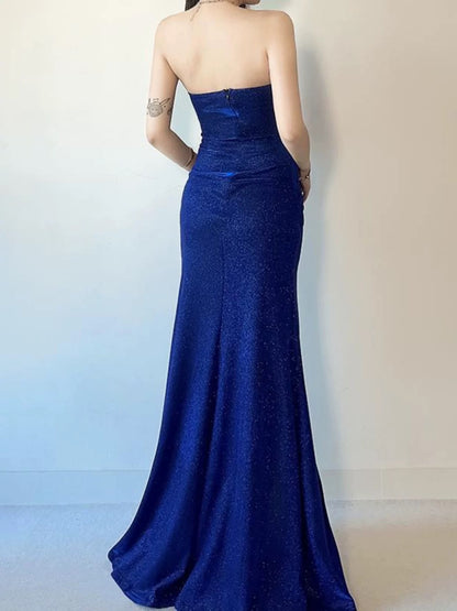 Sexy Meerjungfrau trägerlos königsblau mit Pailletten und Schlitz Date Night Abend-Outfit formelles Abschlussballkleid RB5422