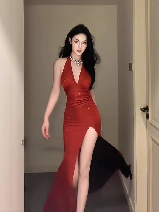 Delicate Mermaid V Neck Halter With Ruffled Long Slit Red Cruise Ship Formal Night Evening Dresses 17th Birthday Outfits RB5651