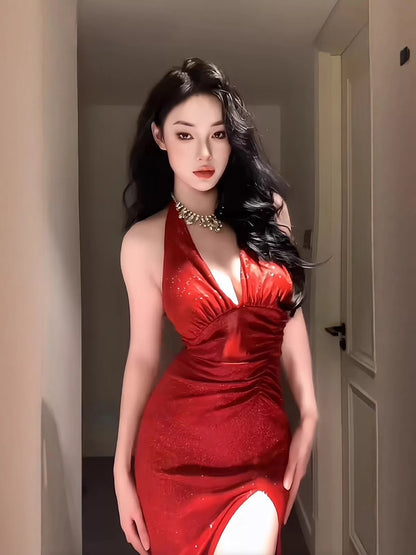 Delicate Mermaid V Neck Halter With Ruffled Long Slit Red Cruise Ship Formal Night Evening Dresses 17th Birthday Outfits RB5651