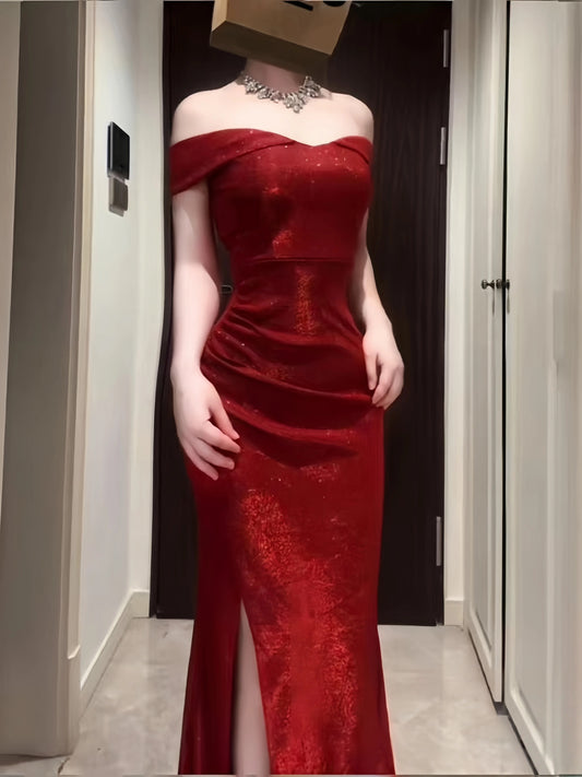 Sophisticated Mermaid Off The Shoulder Red Sequined Date Night Outfits Formal Prom Gown Slit Birthday Dresses RB5652