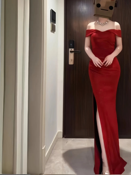 Sophisticated Mermaid Off The Shoulder Red Sequined Date Night Outfits Formal Prom Gown Slit Birthday Dresses RB5652