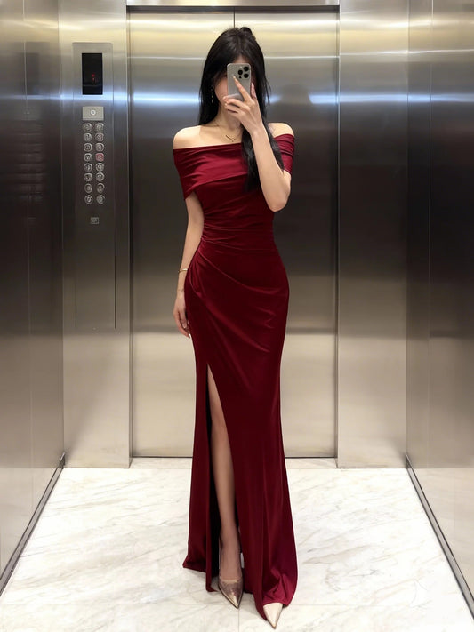 Mystical Mermaid Off The Shoulder Navy Blue Slit Satin Date Night Evening Outfit Formal Prom Dresses RB5656