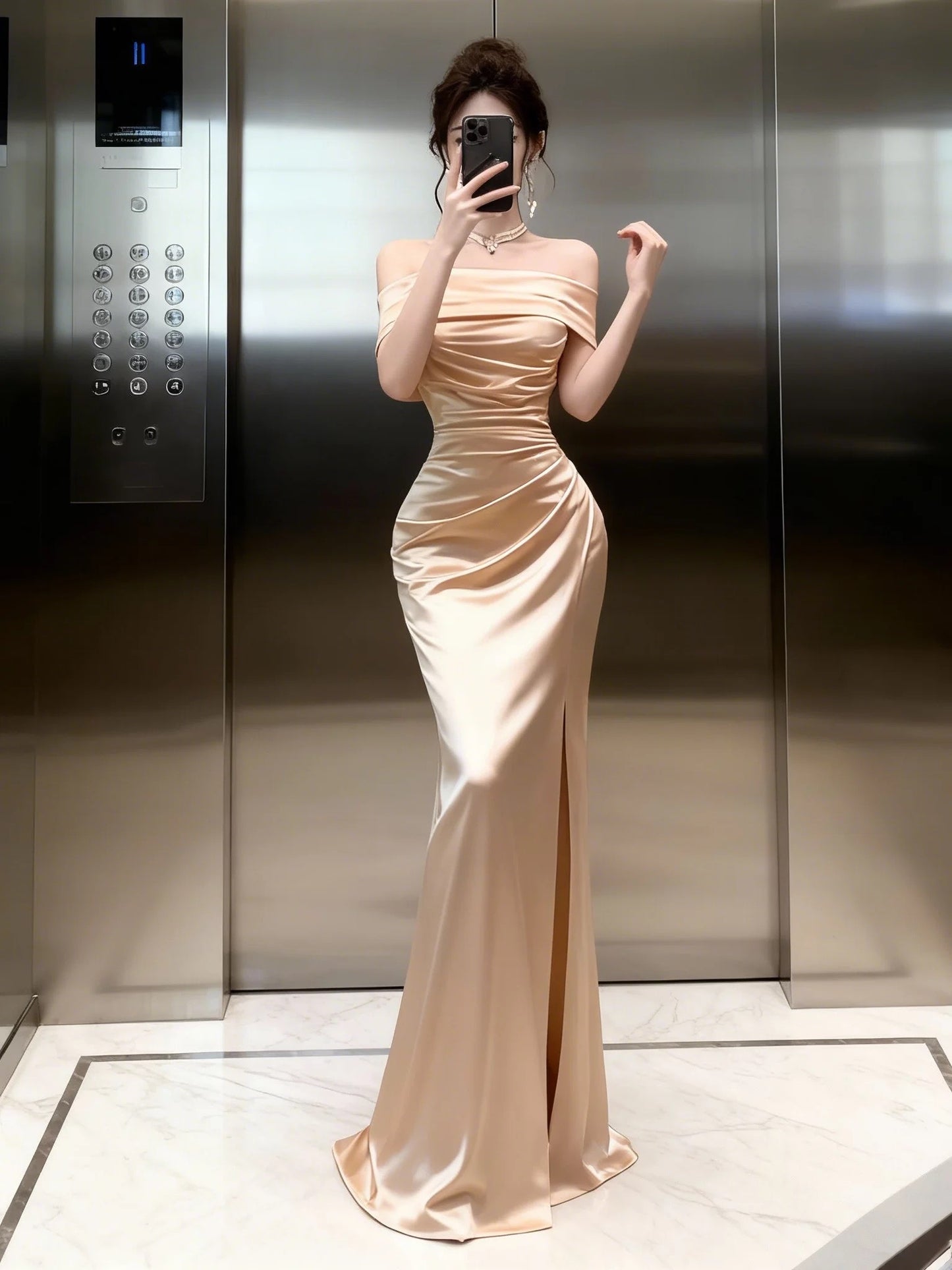 Mystical Mermaid Off The Shoulder Navy Blue Slit Satin Date Night Evening Outfit Formal Prom Dresses RB5656
