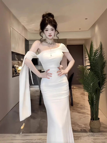 Modest Mermaid Off The Shoulder White With Ruffled Long Cruise Ship Formal Night Evening Dresses 18th Birthday Outfits RB5618