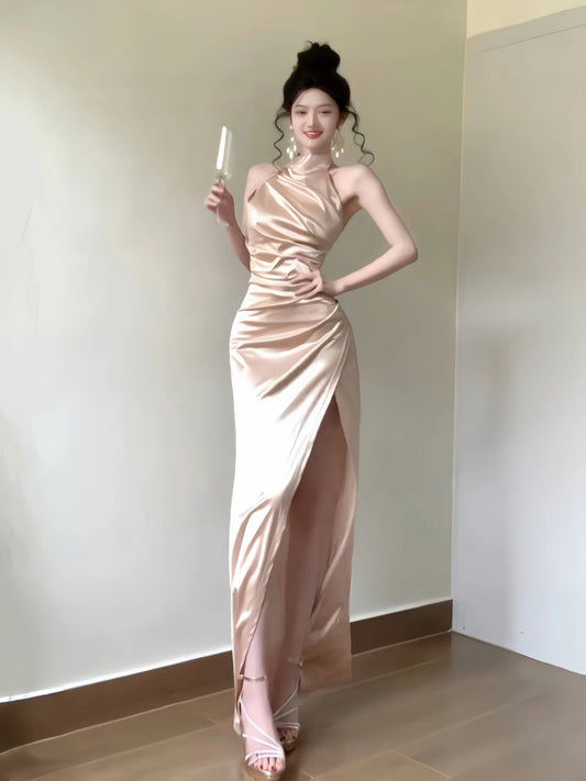 Modest Mermaid Halter Satin With Ruffled Slit Long Cruise Ship Formal Night Evening Dresses 18th Birthday Outfits RB5656
