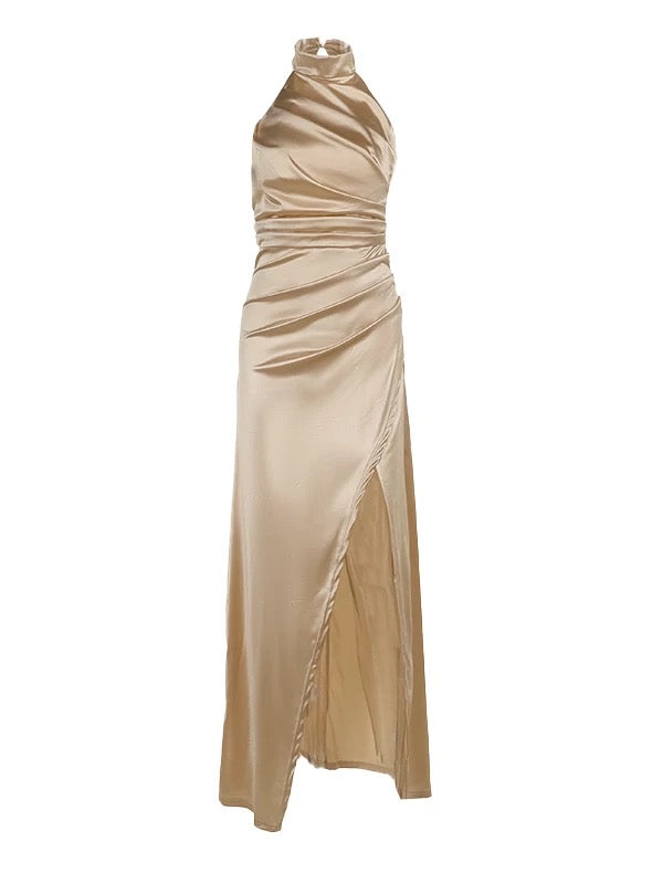 Modest Mermaid Halter Satin With Ruffled Slit Long Cruise Ship Formal Night Evening Dresses 18th Birthday Outfits RB5656