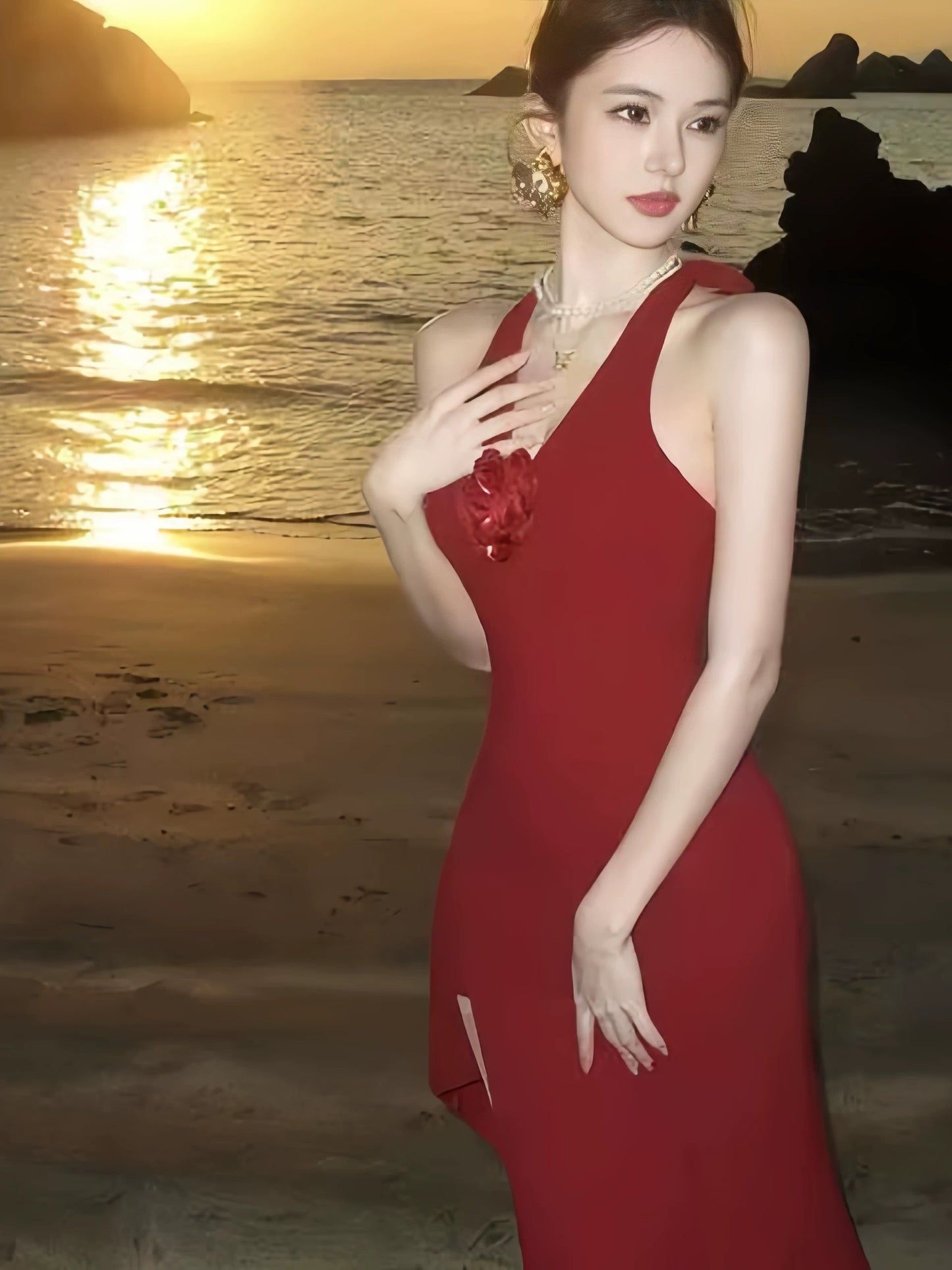 Sophisticated Mermaid Halter Burgundy Slit Date Night Outfits Formal Prom Gown Birthday Dresses RB5658