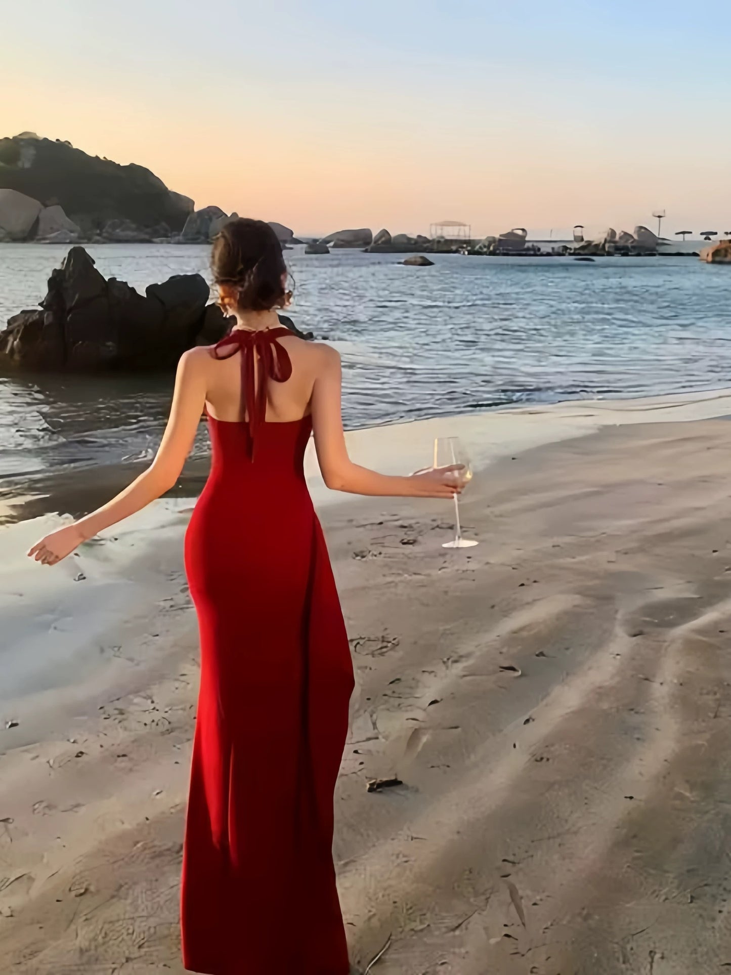 Sophisticated Mermaid Halter Burgundy Slit Date Night Outfits Formal Prom Gown Birthday Dresses RB5658