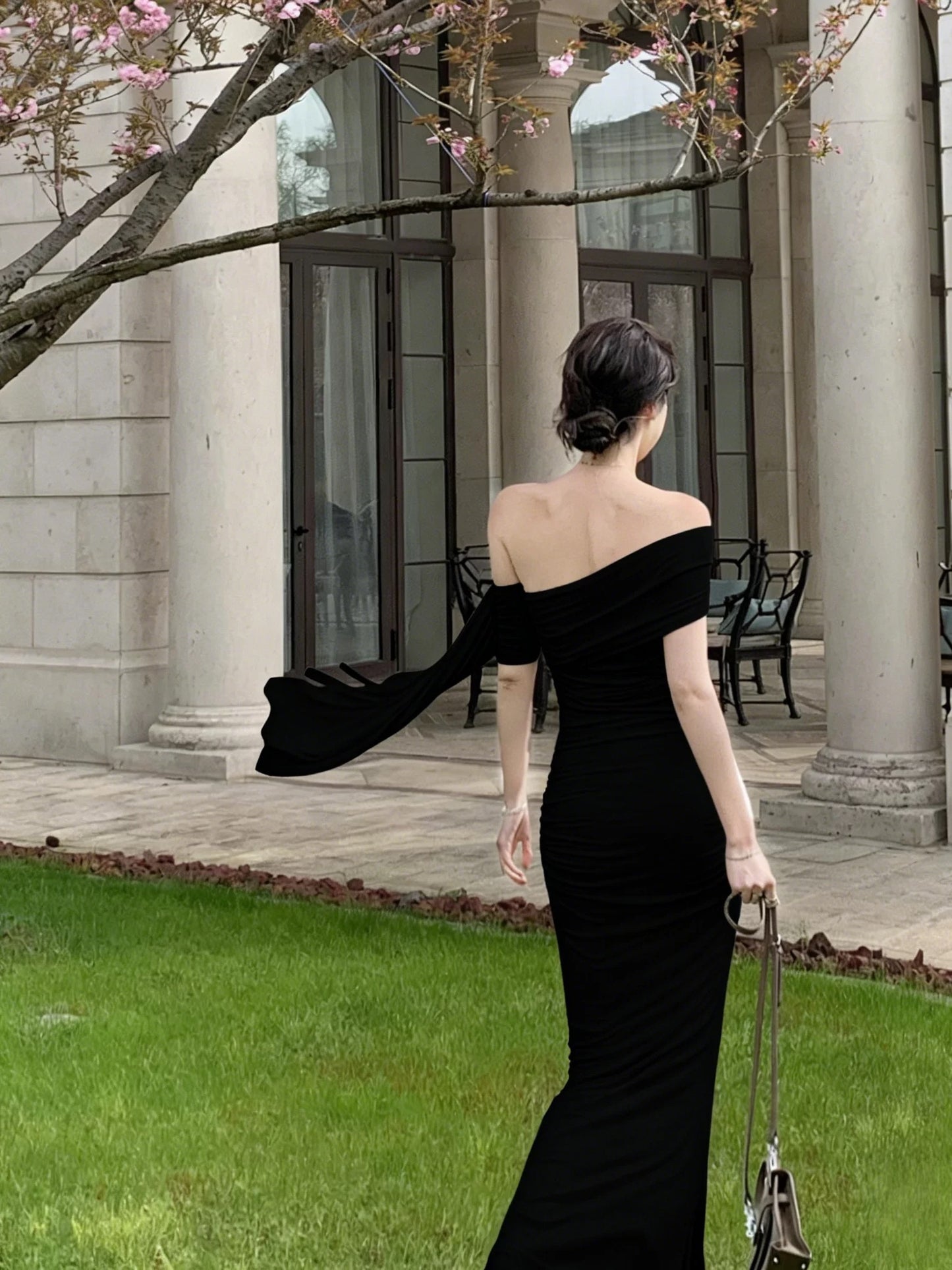 Modest Mermaid Off The Shoulder White Chiffon With Sleeves Date Floor Length Night Evening Outfit Formal Prom Dresses RB5660