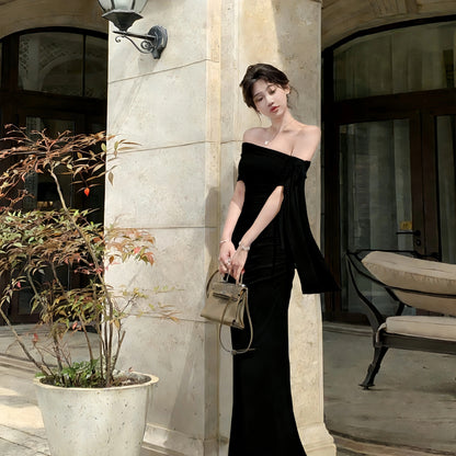 Modest Mermaid Off The Shoulder White Chiffon With Sleeves Date Floor Length Night Evening Outfit Formal Prom Dresses RB5660