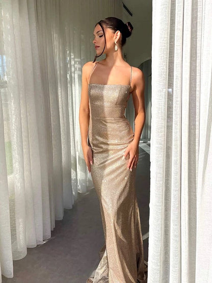 Mystical Mermaid Spaghetti Strap Gold Sequin Backless Date Night Evening Outfit Formal Prom Dresses RB5633