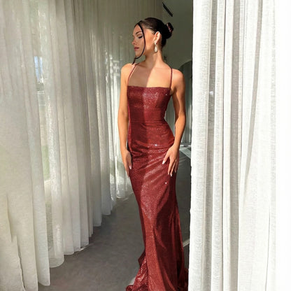 Mystical Mermaid Spaghetti Strap Gold Sequin Backless Date Night Evening Outfit Formal Prom Dresses RB5633
