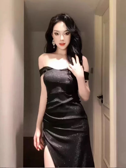 Sexy Mermaid Off The Shoulder Black Tie Dress Cruise Ship Formal Night Evening Dresses 18th Birthday Outfit RB5634