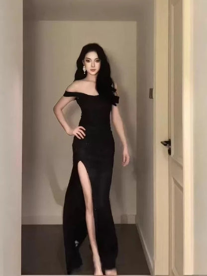 Sexy Mermaid Off The Shoulder Black Tie Dress Cruise Ship Formal Night Evening Dresses 18th Birthday Outfit RB5634