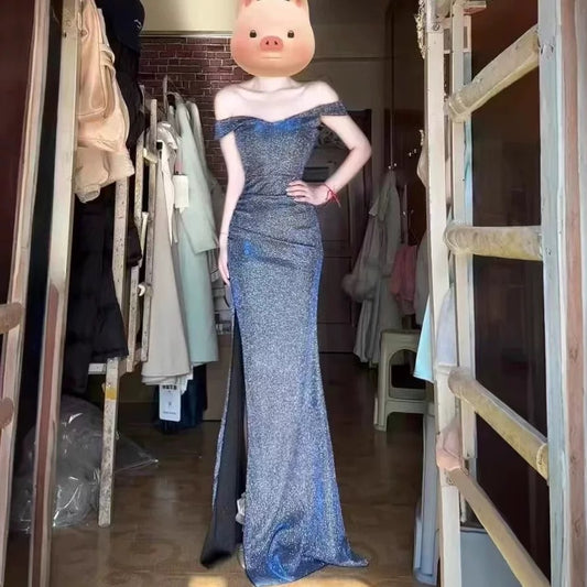 Sexy Mermaid Off The Shoulder Sequin With High Split Cruise Ship Formal Night Evening Dresses 18th Birthday Outfit RB5635