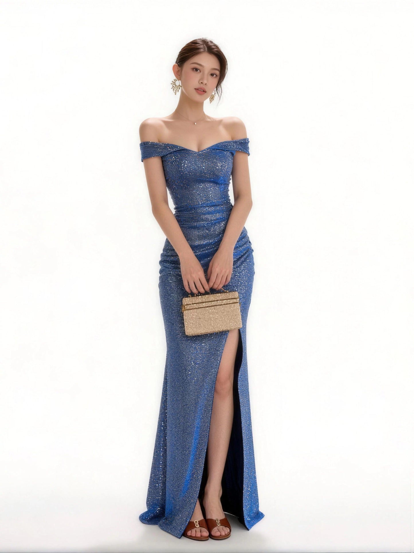 Sexy Mermaid Off The Shoulder Sequin With High Split Cruise Ship Formal Night Evening Dresses 18th Birthday Outfit RB5635