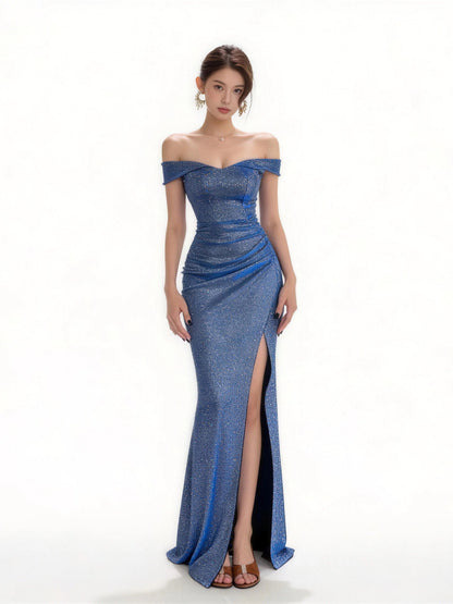 Sexy Mermaid Off The Shoulder Sequin With High Split Cruise Ship Formal Night Evening Dresses 18th Birthday Outfit RB5635