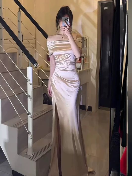 Delicate Mermaid Off The Shoulder Gold With Ruffled Long Cruise Ship Formal Night Evening Dresses 19th Birthday Outfits RB5649