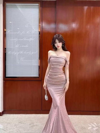 Sexy Mermaid Off The Shoulder Pink Sequin With Ruffled Cruise Ship Formal Night Evening Dresses 18th Birthday Outfit RB5637