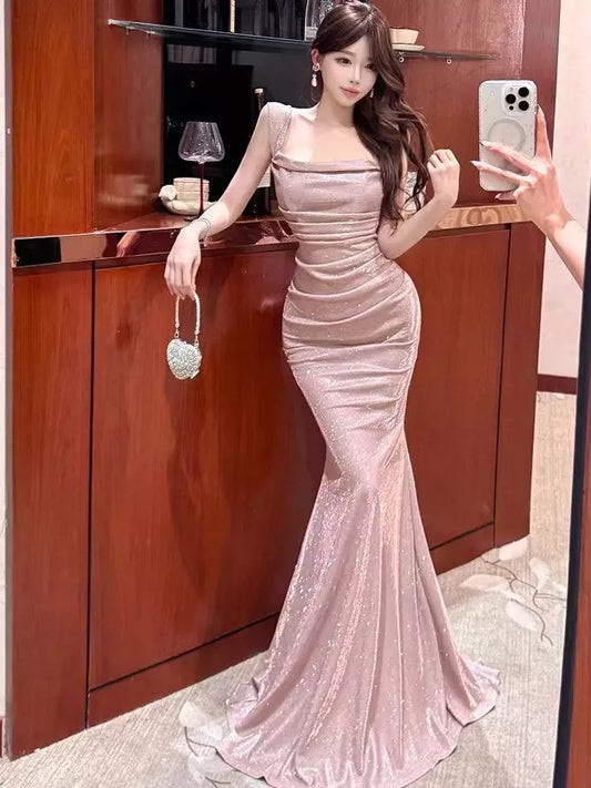 Sexy Mermaid Off The Shoulder Pink Sequin With Ruffled Cruise Ship Formal Night Evening Dresses 18th Birthday Outfit RB5637