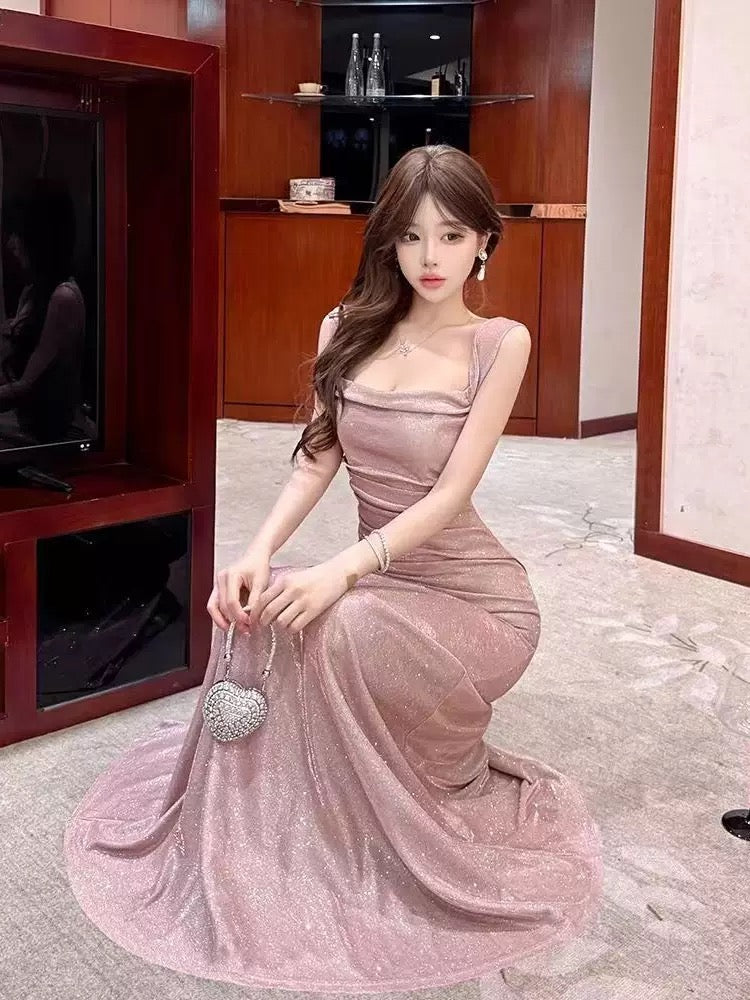 Sexy Mermaid Off The Shoulder Pink Sequin With Ruffled Cruise Ship Formal Night Evening Dresses 18th Birthday Outfit RB5637