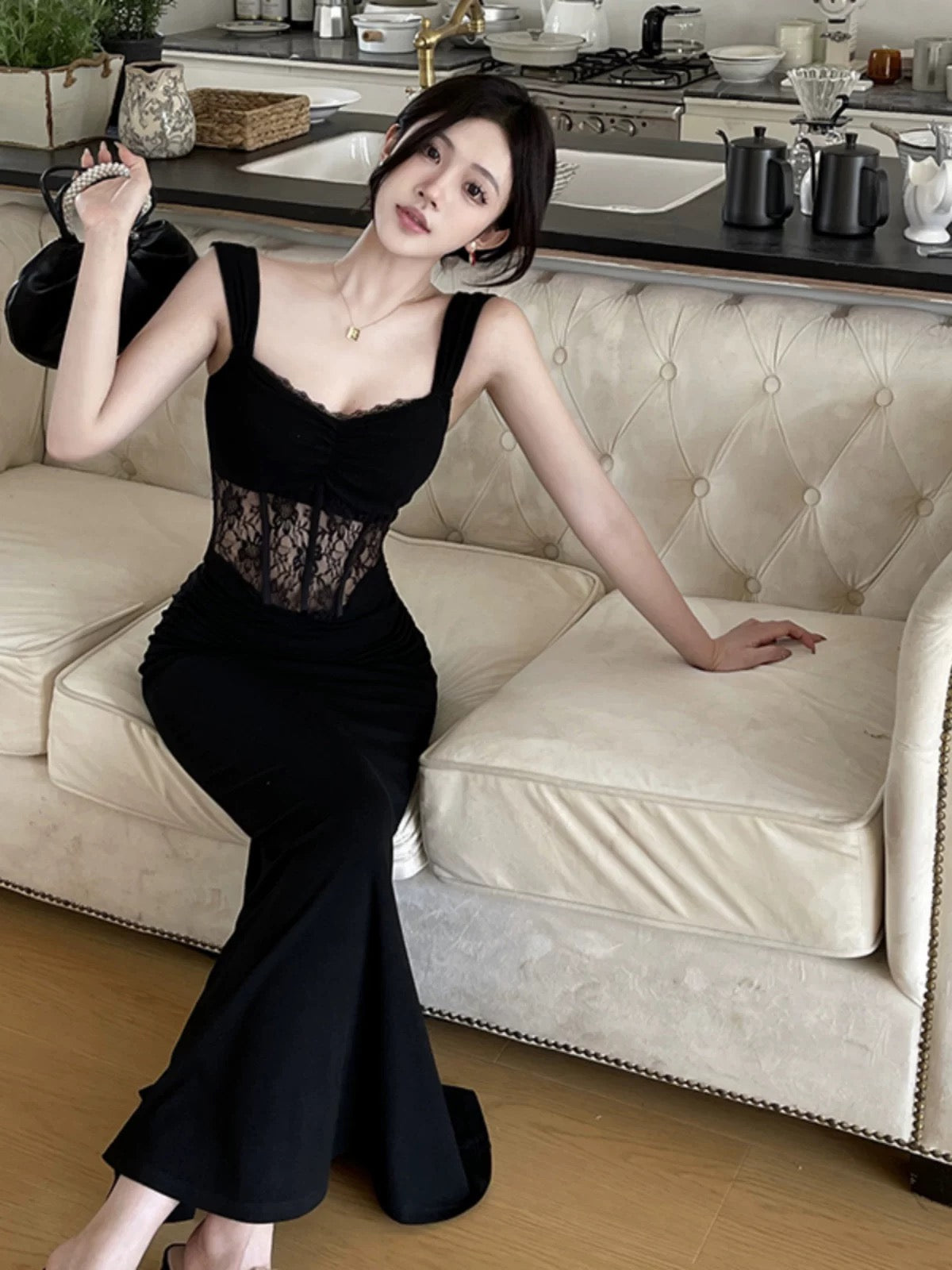 Simple Mermaid Square Neck Black Lace Date Floor Length Night Evening Outfit Formal Prom Dresses RB5640