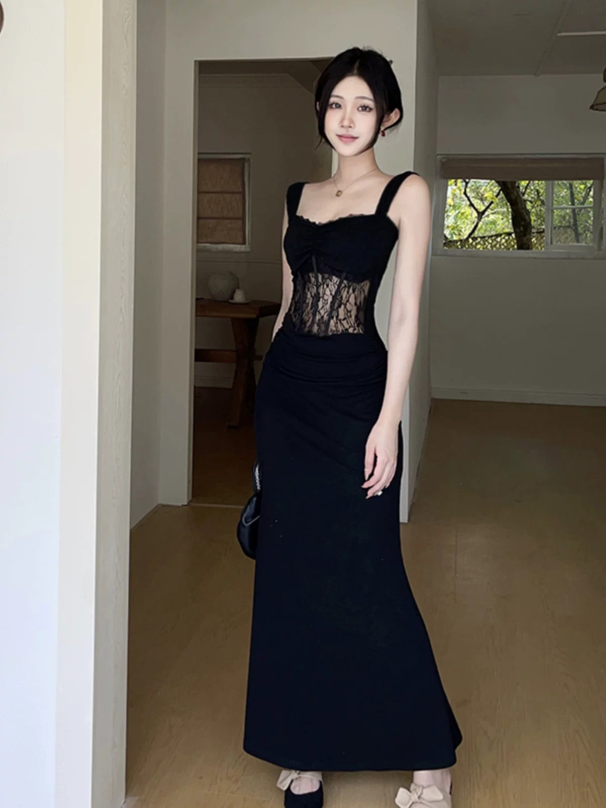 Simple Mermaid Square Neck Black Lace Date Floor Length Night Evening Outfit Formal Prom Dresses RB5640