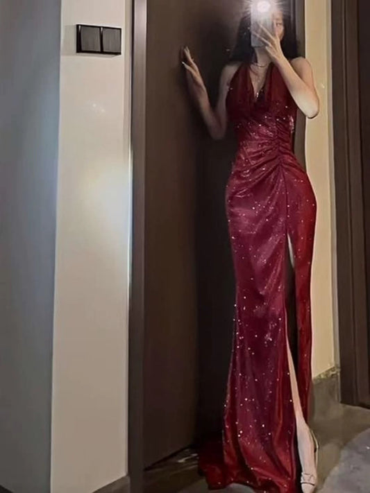 Delicate Mermaid V Neck Halter With Ruffled Long Slit Burgundy Cruise Ship Formal Night Evening Dresses 19th Birthday Outfits RB5641
