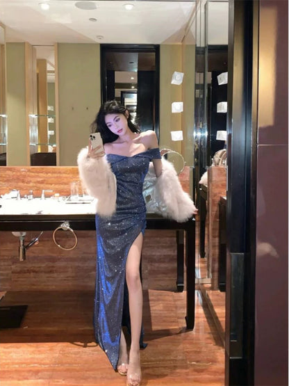 Sexy Mermaid Off The Shoulder Grey Sequin With Ruffled Cruise Ship Formal Night Evening Dresses 18th Birthday Outfit RB5638