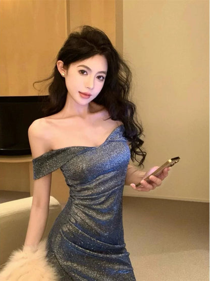 Sexy Mermaid Off The Shoulder Grey Sequin With Ruffled Cruise Ship Formal Night Evening Dresses 18th Birthday Outfit RB5638