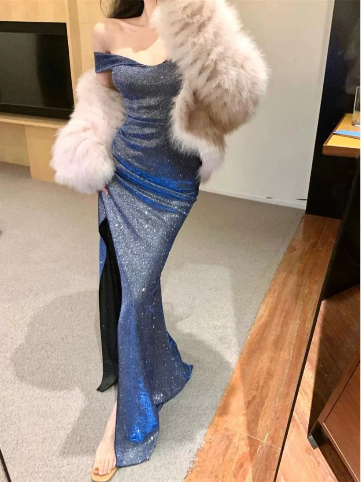 Sexy Mermaid Off The Shoulder Grey Sequin With Ruffled Cruise Ship Formal Night Evening Dresses 18th Birthday Outfit RB5638