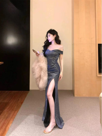 Sexy Mermaid Off The Shoulder Grey Sequin With Ruffled Cruise Ship Formal Night Evening Dresses 18th Birthday Outfit RB5638