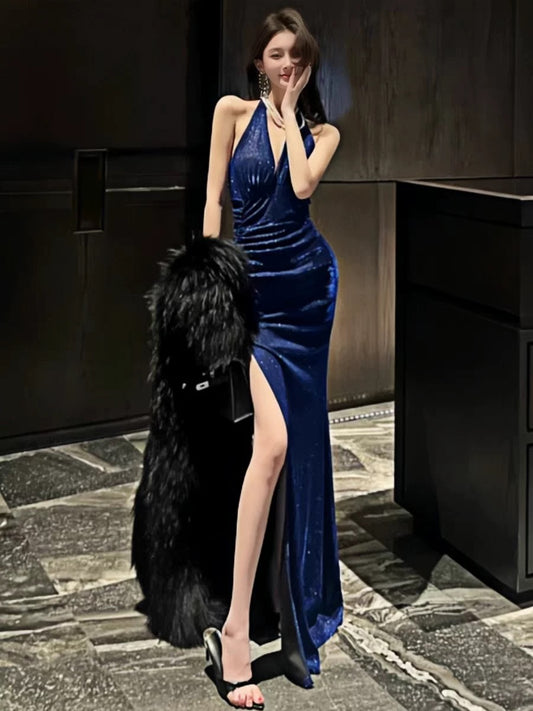 Delicate Mermaid V Neck Halter With Ruffled Long Slit Burgundy Cruise Ship Formal Night Evening Dresses 19th Birthday Outfits RB5641