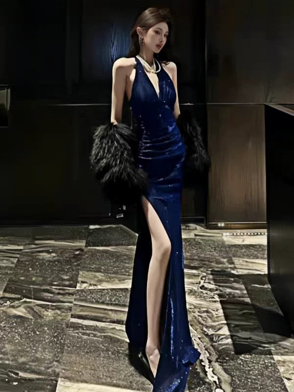 Delicate Mermaid V Neck Halter With Ruffled Long Slit Burgundy Cruise Ship Formal Night Evening Dresses 19th Birthday Outfits RB5641