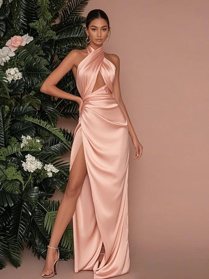 Dreamy Mermaid Halter Pink Satin Long With Ruffled Cruise Ship Formal Night Evening Dresses 18th Birthday Outfits RB5643